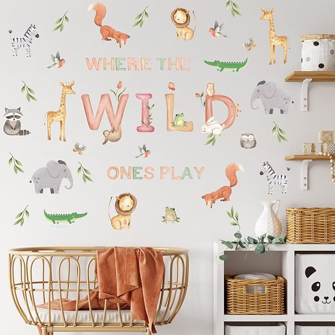 Safari Wall Decals for Kids Where The Wild Ones Play Peel and Stick Wallpaper 38pcs Giraffe Decor Zoo Animal Stickers Jungle Classroom Decal Fauna Forest Wall Murals for Classroom Playroom Nursery