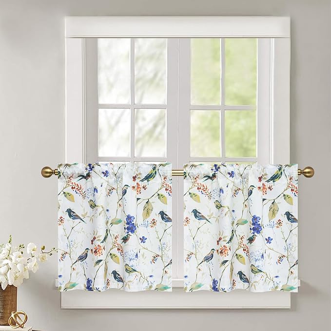Leeva Bird Pattern Printed Small Window Curtain Panels, 24 Inch Length Sets Bird and Floral Pattern Design Short Small Curtains for Kitchen Office Cafe Studio, 2 Panels, Rod Pocket