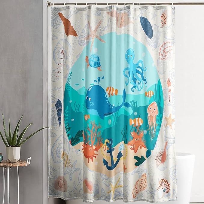 AILONEN Cartoon Dolphin Shower Curtain for Kids Boys Girls,Cute Sea Animals Waterproof Fabric Shower Curtain for Bathroom,Ocean Shell Theme Shower Curtain Set with Hooks,60" W*72" H