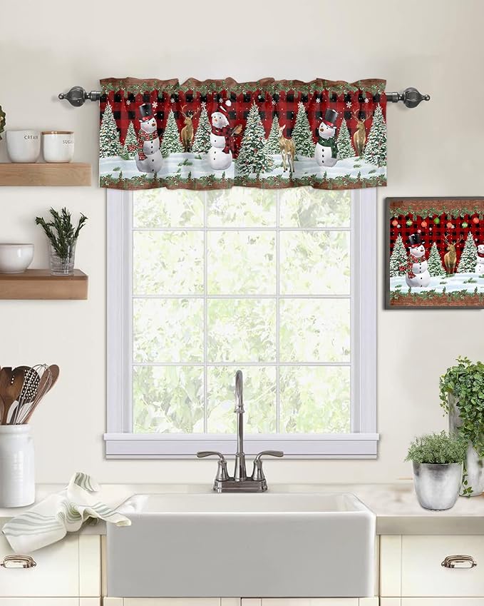 Vandarllin Christmas Snowman Kitchen Curtains Valances for Windows Christmas Tree Rod Pocket Window Treatment for Kitchen/Living Room/Bedroom/Bathroom,60" X 18" -1 Panel, Red Xmas Snowy Winter