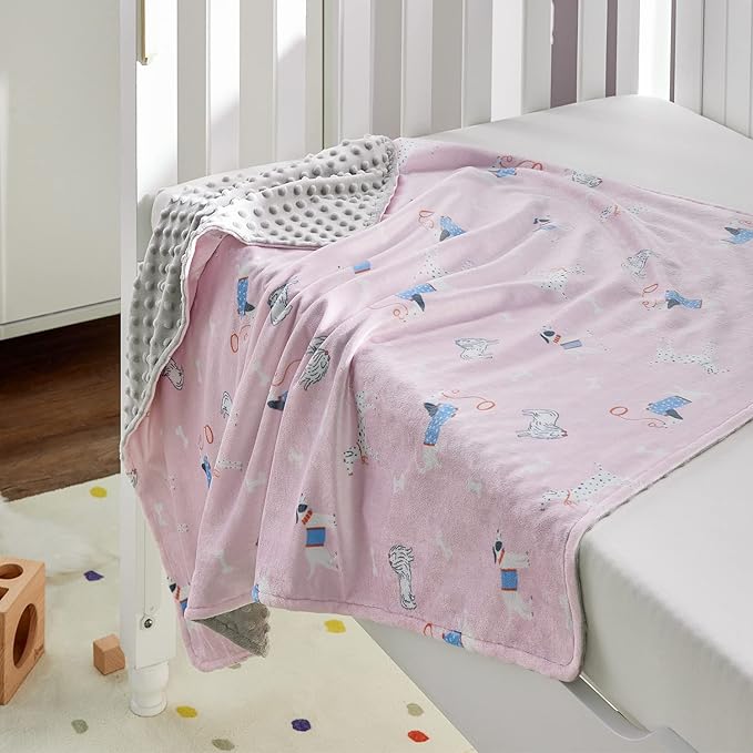 DaysU Silky Micro Soft Plush Baby Blankets for Girls with Print Animal Pattern and Soothing Raised Dots, Double Layer Bed Throws for Baby Crib, Puppy, Pink, 30x40 Inches