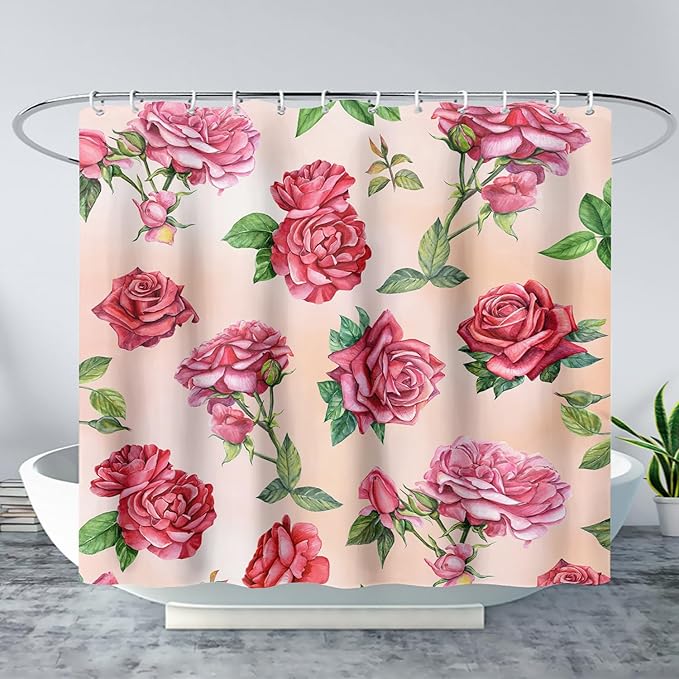 AILONEN Rose Shower Curtain, Watercolor Red Rose Theme Waterproof Shower Curtain Set,Dreamy Romantic Vintage Flower Bathroom Decors for Girls Teens Women,72" W*96" H