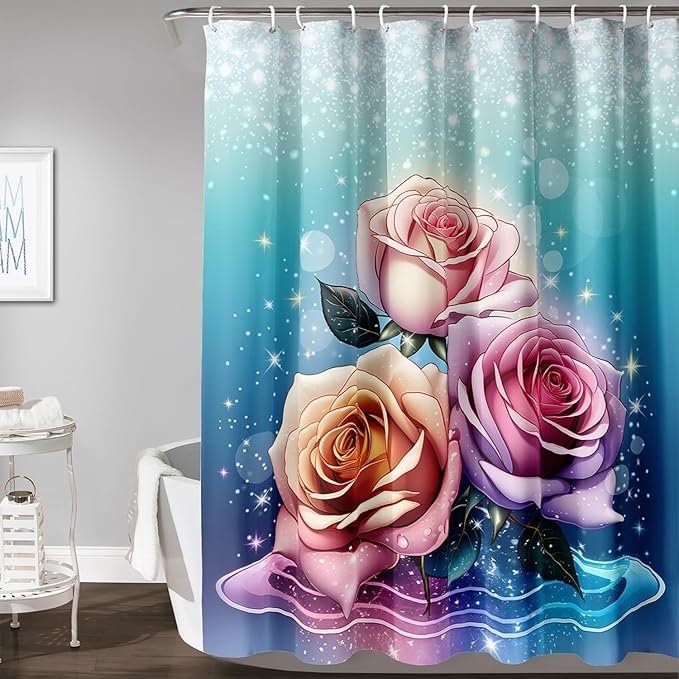 AILONEN Rose Shower Curtain for Bathroom Decor,Galaxy Pink Rose Bath Curtain Gifts for Girls Women,Modern Minimalism Curtain,Polyester Waterproof with 12 Plastic Hooks, 60" W*72" H