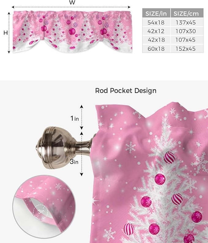 Pink Christmas Blackout Tie Up Valance Curtains for Kitchen Windows White Xmas Tree Snowflakes Pink Balls Window Toppers Balloon Shades for Living Room/Bathroom/Bedroom,1 Panel, 60" X 18", Winter