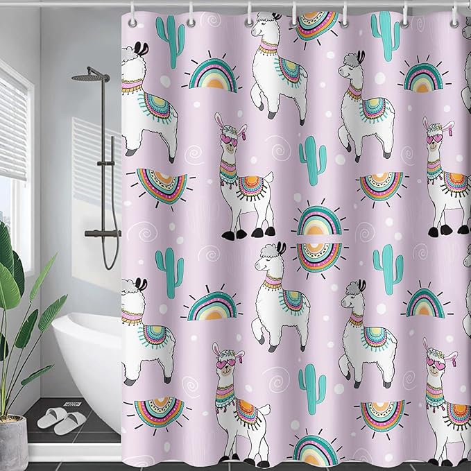 AILONEN Cool Llama Shower Curtain,Purple Desert Cactus Llama Bath Curtain,Polyester Water for Bathroom with 12 Plastic Hooks,72" W*72" H Purple