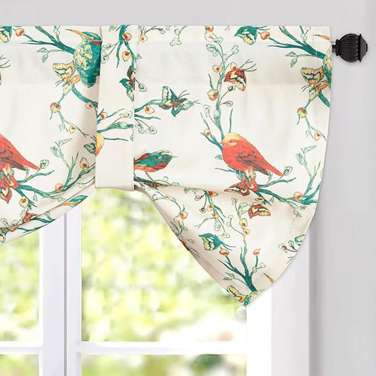 Leeva Branch and Birds Print Tie Up Curtains Valances for Windows Porch, Thermal Insulated Rod Pocket Green Spring Style Small Curtains and Drapes for Kids' Room, One Panel, 52 x 18