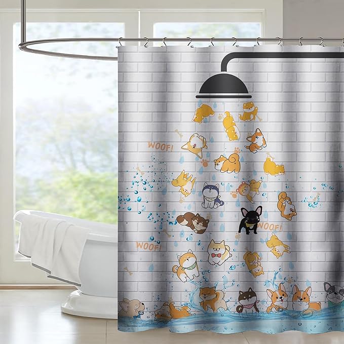 AILONEN Cute Corgi Shower Curtain for Kids 48" W*72" H Inch,Funny Dog Cartoon Corgi Animals Playing Water Shower Curtains,12 Pack Hooks Polyester Waterproof Fabric Decor for Bathroom Bathtub Panels