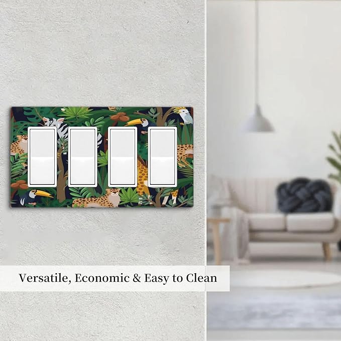 Cartoon Animal Zebra Leopard Giraffe Bird Leaf 4 Gang Rocker Decora Nursery Light Switch Cover Decorative Outlet Covers Wall Plate Electrical Faceplate Switchplate GFCI for Kidroom Decor