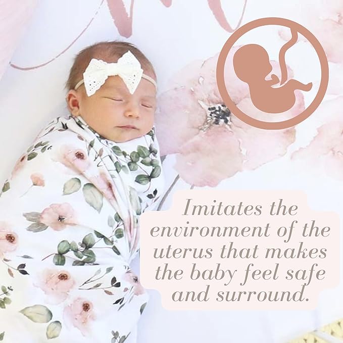 Newborn Baby Girl Swaddle and Headband Sets Receiving Blanket Stretchy Knit Swaddle Set(Green Leaf and Pink Floral)