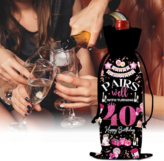 40th Birthday Gifts Women Men Wine Bag, 40 Year Old Birthday Gifts for Women Men, Happy 40th Birthday Party Decorations Woman Man, Pairs Well with Turning 40 Wine Bags (Black Pink)
