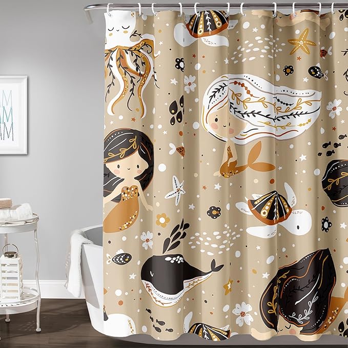 AILONEN Mermaid Shower Curtain,Octopus Whale Retro Mermaid Bath Curtain,Ocean Beach Polyester Waterproof for Bathroom,60" W*72" H with 12 Plastic Hooks