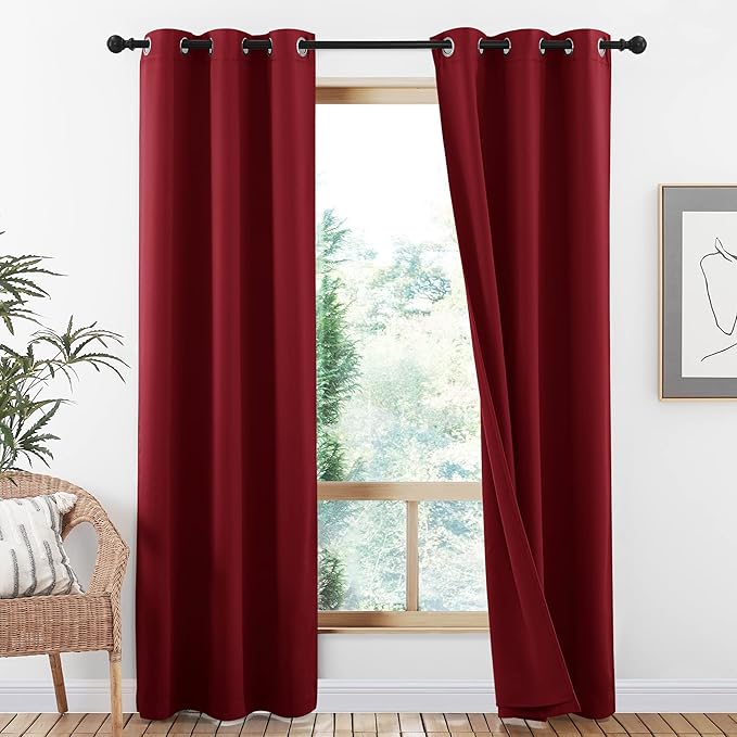NICETOWN 100% Blackout Curtains with Same Color Liner Backing, Thermal Insulated Curtains for Bedroom, Noise Reducing Drapes, Burgundy Red, 42" Wide x 84" Long Per Panel, Set of 2 Panels