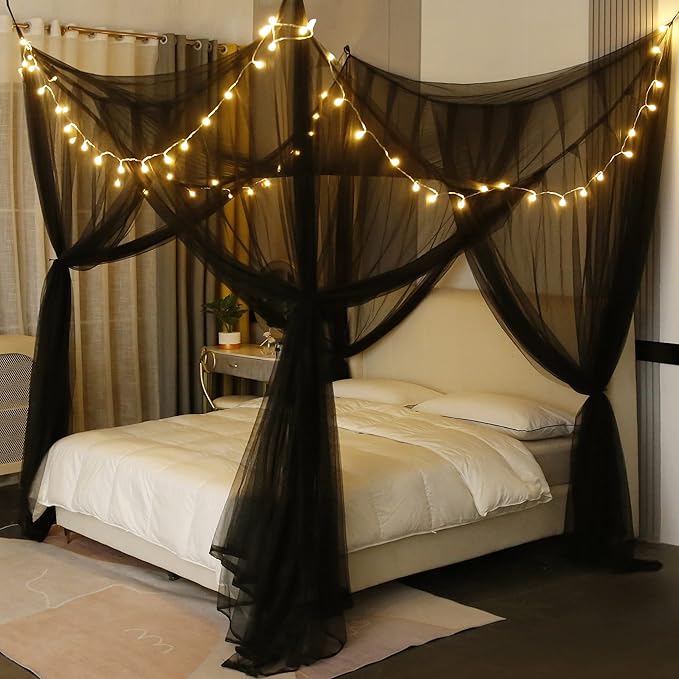 Mengersi Canopy Bed Curtains with Lights,Elegant Bed Canopy Bed Curtains Bed Netting for Single Twin Size Bed,Goth Room Decor