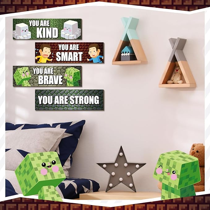 4 Pcs Game Bedroom Wall Decor Boys Room Decor for Kids Inspirational Wooden Hanging Wall Sign Motivational Quote Car Wall Decor for Boys Kids Nursery Playroom Kindergarten