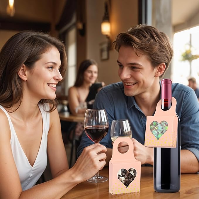 Megitzuu 50 Pieces Wine Bottle Box with Window, Pink Wine Boxes for Gifts Hanging Foldable Wine Gift Boxes Kraft Paper Wine Bottle Hanger Favor Box for Holding Candy Truffles Chocolate Cookies