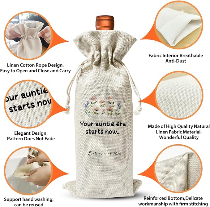 Promoted to New Auntie Gift Wine Bag 2024, Baby Announcement Gift for New Aunt 2024, Auntie Aunt to Be Gift, Becoming an Auntie, Baby Shower or Party Favor Decor, Drawstring Burlap Bag