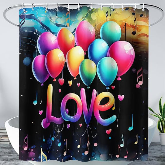 AILONEN Love Theme Shower Curtain for Bathroom, Romantic Rainbow Balloon Tie Dye Bath Curtain for Kids Girls Women,Abstract Music Black Shower Curtain Waterproof with 12 Plastic Hooks, 72" W*84" H