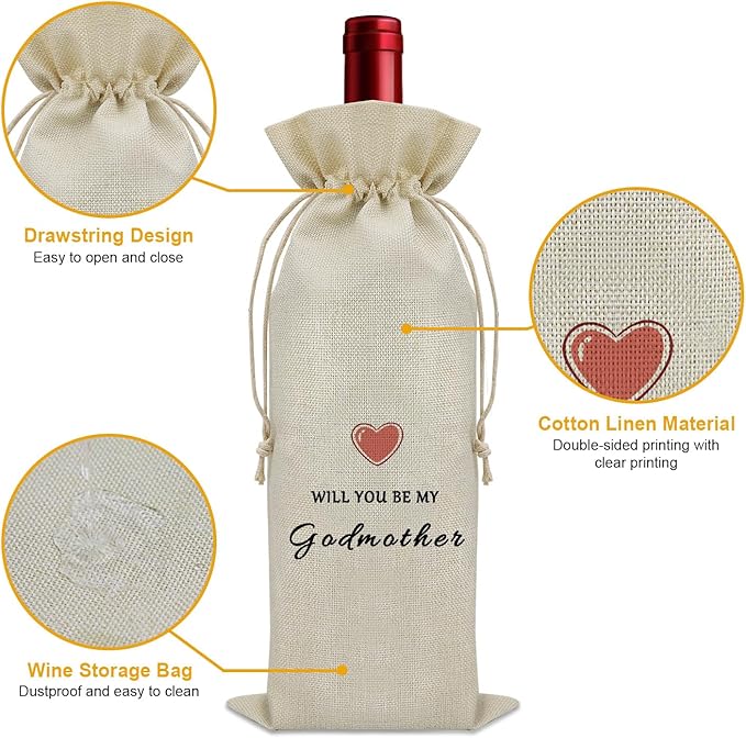 Godmother Proposal Gift Wine Bag Godmother Gifts from Godchild Baptism Godmommy Gifts for Mothers Day Wine Bottle Decoration Bag Christian Godmother Gifts Wine Accessories Gifts for Wine Lovers