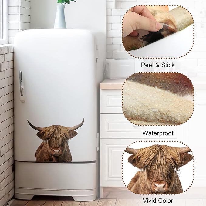 Funny Animal Wall Decal Removable Highland Cow Wall Art Sticker Farmhouse Wall Decor Scottish Rustic Cattle Wall Mural Sticker Funny Christmas Gift Animal Door Window Decals