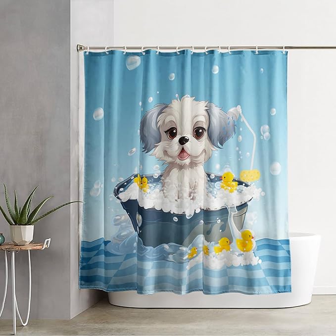 AILONEN Cartoon Bathtub Dog Shower Curtain for Kids 60" W*72" H Kawaii Shower Puppy and Duck Shower Curtain,Polyester Waterproof Fabric Decor for Bathroom Bathtub Panels
