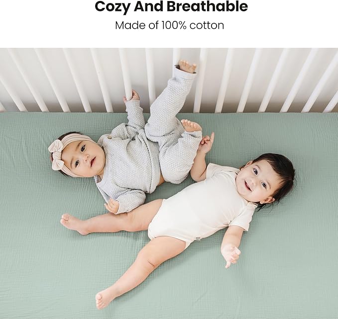 Konssy Muslin Fitted Crib Sheets 100% Cotton Baby Crib Sheets for Standard Crib Mattress (28 X 52 Inches), Soft and Breathable for Boy, Girl (Light Green)