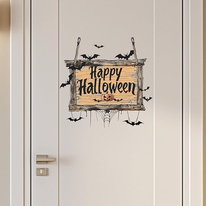 Halloween Wall Stickers Pumpkin Bat Happy Halloween Door Sign Decals Self Adhesive Halloween Wall Decor for Wall Window Glass Mirror Halloween Party Favor Supplies Halloween Decoration Clearance