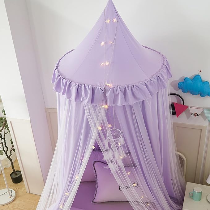 VETHIN Bed Canopy for Kids with Lights,Double Layer Princess Round Dome Children Dreamy Mosquito Net Bedding Girls Room Castle Play Tent Hanging House Decor Reading Nook Canopies(Purple/White)