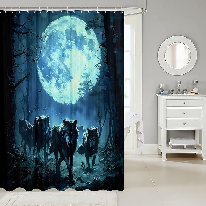 Feelyou Wolf Shower Curtain Wolves Howling Bath Curtain for Kids Blue woles Bathroom Shower Curtain Set Animal Wolves Kids Bathroom Accessories 72"x72"