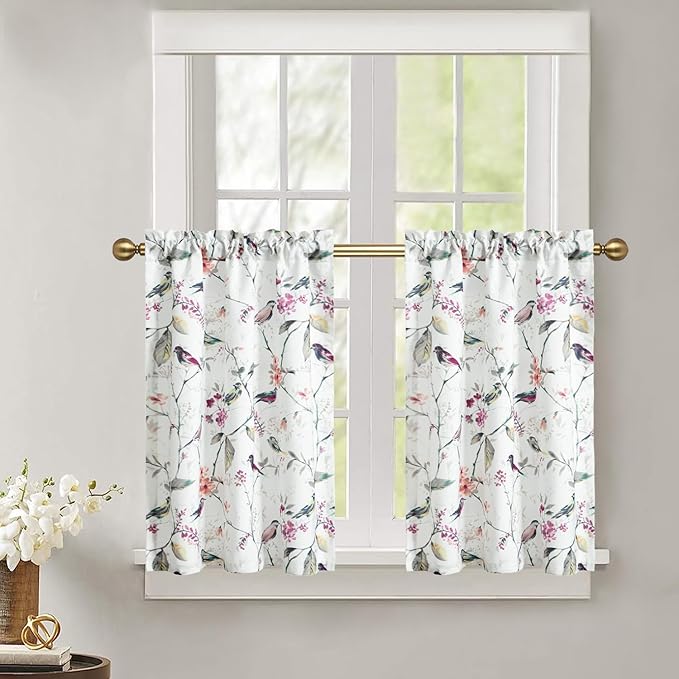 Leeva Elegant Purple Birds Curtain Tiers, Farmhouse Style Linen Textured Short Window Treatment for Bathroom Living Room Cafe, 2 Panels Set, 29 x 36 Inch