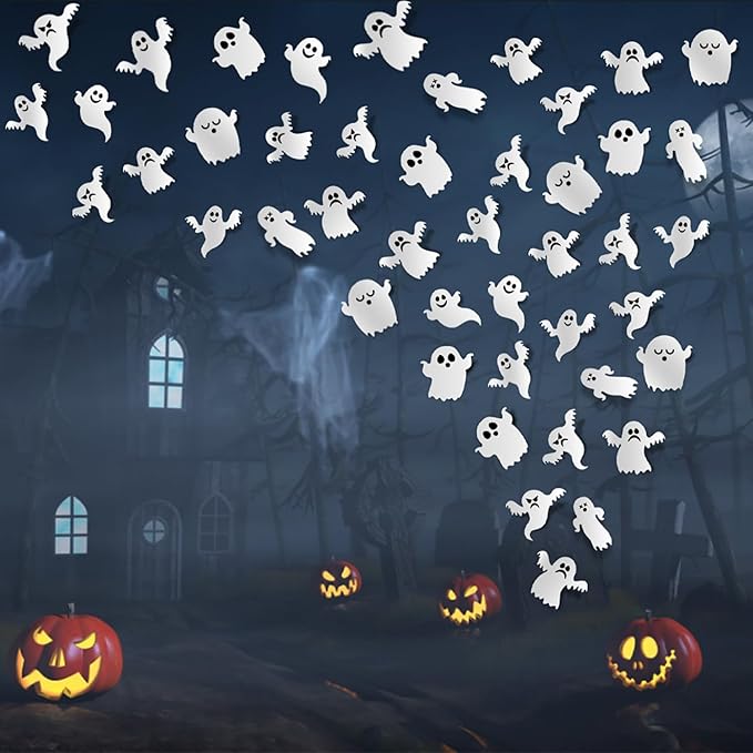 Halloween Wall Stickers 21Pcs Ghost Wall Decor 3D Self Adhesive Halloween Wall Decals Cute White Ghost Wall Decorations Reusable Window Stickers for Halloween Party Home Room Art DIY Accessories