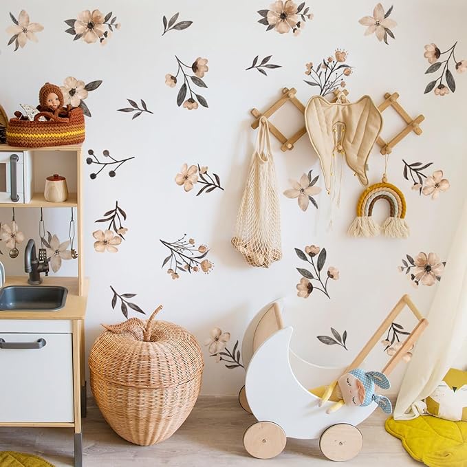 Boho Flower Wall Decals，Watercolor Flower Wall Art，Wildflower Wall Decals，Girls Bedroom Removable Wall Decals，Nursery Kids Room Decor Vinyl Murals DIY Cute Decorations (Boho Flower Wall Decals)