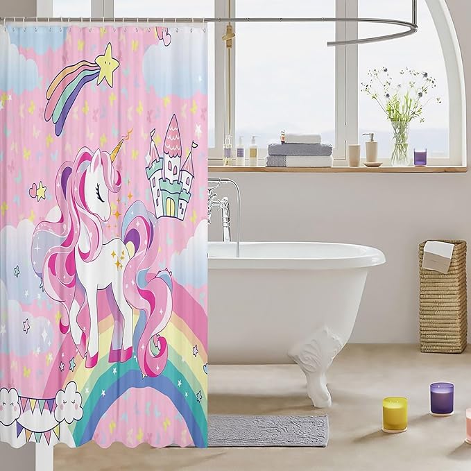 Feelyou Unicorn Shower Curtain Cute Unicorn Bath Curtain Cartoon Unicorn Bathroom Shower Curtain Set for Kids Toddler Boys Girls Girl Unicorn Kids Bathroom Accessories 72"x72"