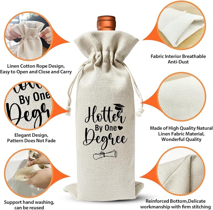 Graduation Wine Bag, Hotter By One Degree Wine Gift Bag For Her Masters Graduates College Grad, Burlap Wine Bottle Cover Bag For Graduation, Graduation Party Supplies Or Favors Or Decoration