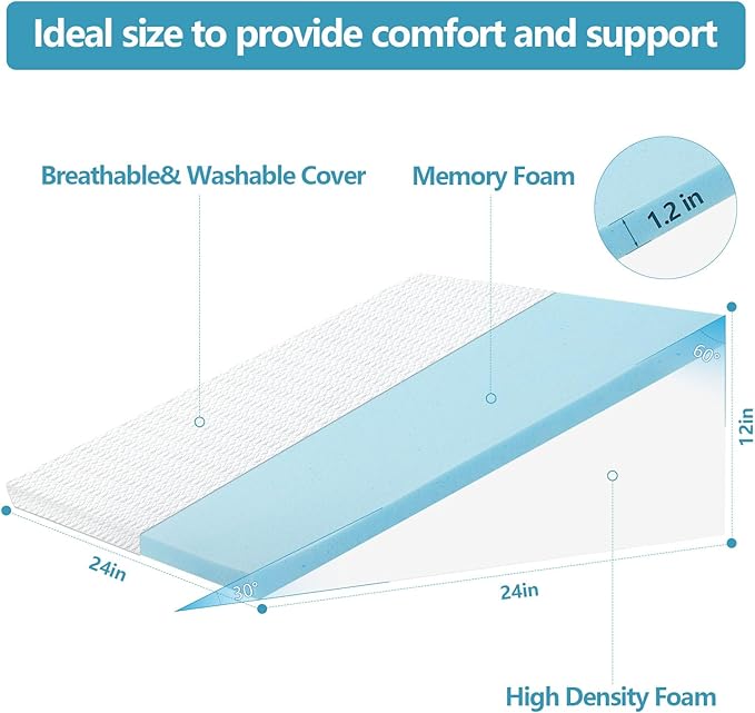 Bed Wedge Pillow for Sleeping, 12 inch Wedge Pillow for Back Pain Relief, Bed Wedge Pillow for Acid Reflux and Gerd, Wedge Pillows for Sleep Apnea, Sleep Wedges for Adults, Anti Snore Pillow(12 inch)