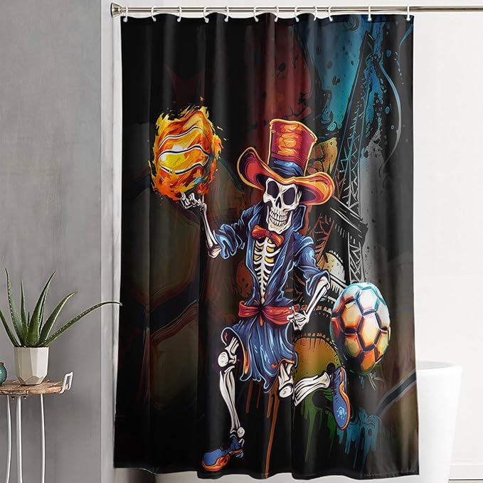 AILONEN Sugar Skull Shower Curtain,Funny Skull Skeleton Design Shower Curtain Set with Hooks for Boys Girls Teens,Skeletons Playing Balls Waterproof Fabric Shower Curtain for Bathroom,72" W*84" H