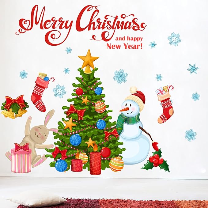 Christmas Tree Snowman DIY Wall Stickers Merry Christmas Wall Decal Removable for Wall Living Room Bedroom Decoration