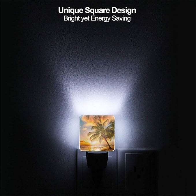 Funny Beach Tropical Palm Tree Ocean Plug in Night Light into Wall LED Nightlight Auto Sensor Dusk to Dawn lamp for Kids Room Bedroom Bathroom Nursery Kitchen Hallway Stairs Home Decorative