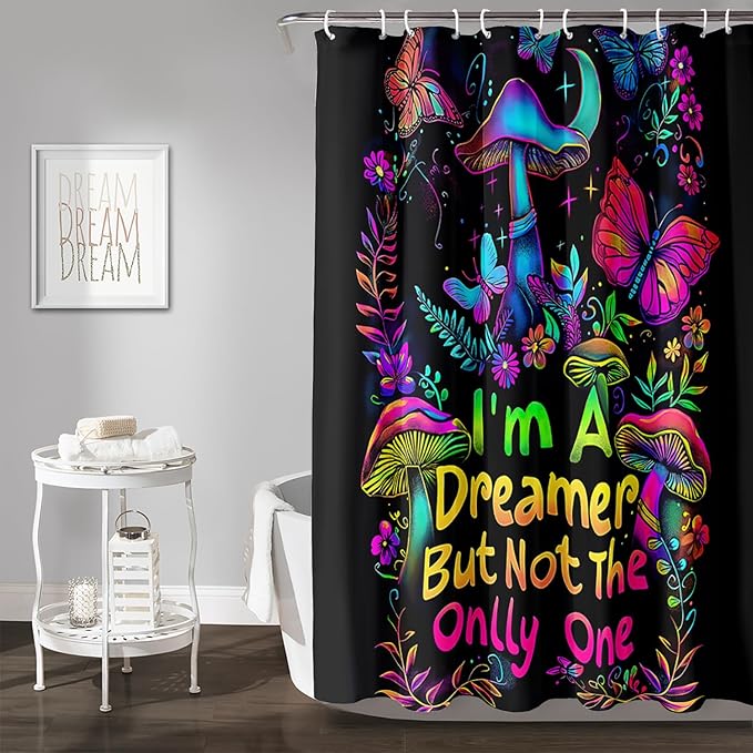 AILONEN Mushroom Shower Curtain,Colorful Butterfly Flower Decoration,Polyester Fabric,Waterproof,Botanical Fungus Plants Black Bath Curtains Washable,with 12 Plastic Hooks, 36" W x 72" H