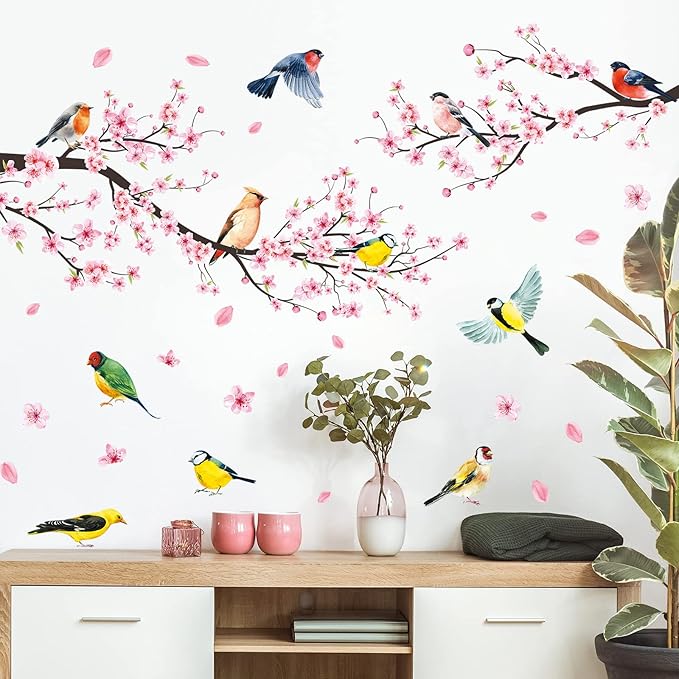 Amaonm 2 Sheets of 12"x36" Removable Pink Red Cherry Blossom Flowers Wall Stickers DIY Flying Birds and Tree Brances Wall Decals 3D Peel and Stick Floral art Decor for Kids Girls Bedroom Living Room Nursery Decoration (37"x51")