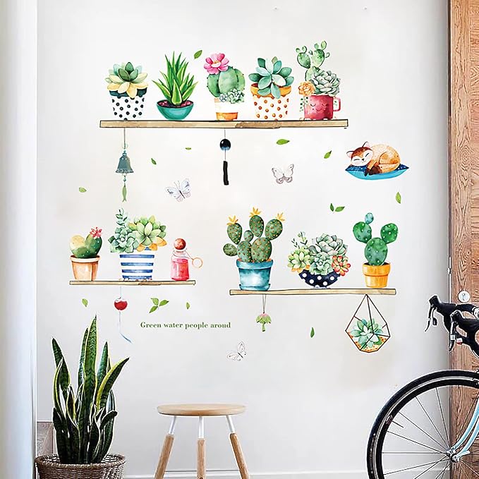Green Cactus Potted Wall Decals Tropical Plants Wall Stickers DIY Peel and Stick Art Murals, Art Decorations Decor for Kids Bedroom Kitchen Office Girl Room