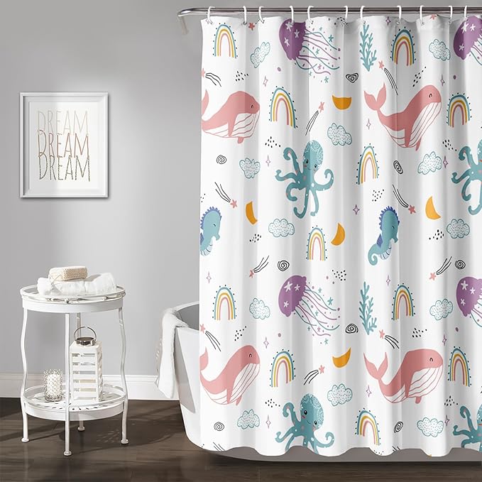 AILONEN Cartoon Dolphin Shower Curtain for Kids 72" W*84" H Inch,Cute Seahorse Rainbow Octopuses Shower Curtain,Ocean Life Theme 12 Pack Hooks Polyester Waterproof Fabric Decor for Bathroom