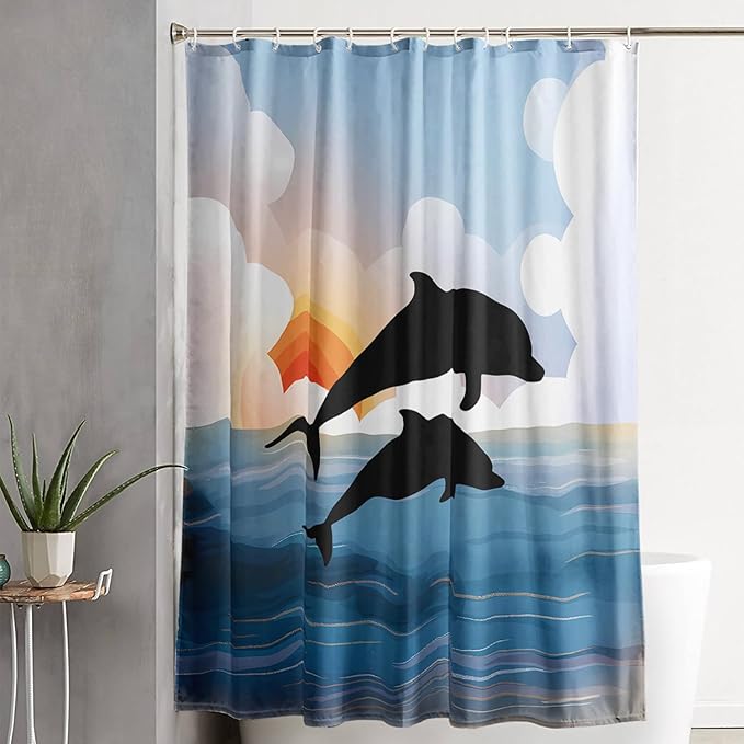 AILONEN Cartoon Dolphin Shower Curtain,Jumping Dolphin Bathroom Curtains for Kids,Girls,Sunset by The Sea Theme Shower Curtains Set with Hooks for Bathroom,72" W*72" H