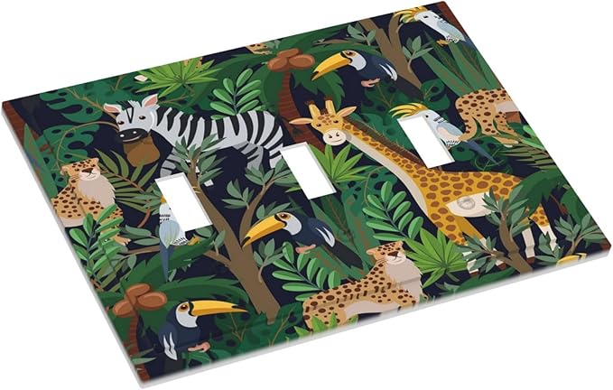 Cartoon Animal Zebra Leopard Giraffe Bird Leaf 3 Gang Nursery Light Switch Covers Decorative Triple Toggle Wall Plate Electrical Faceplate Switchplate for Kidroom Bedroom Decor