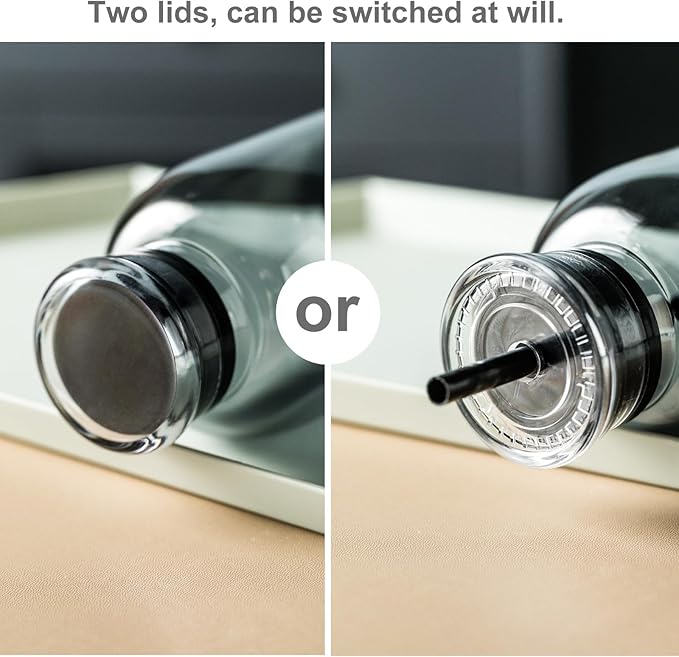 Glass water bottle With Time Marker -24oz with 2 caps and straw,Reusable Glass Drinking Bottles，Suitable For Drinks, Juices, Sodas, Coke, As Gifts Etc (Smoky 24oz)