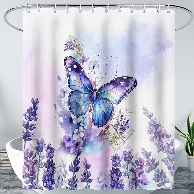 AILONEN Beautiful Butterfly Shower Curtain Bathroom 72" W*72" H Purple Butterfly Curtain Cloth Fabric Bathroom for Girls Kids,Deep Color Shower Curtain Set