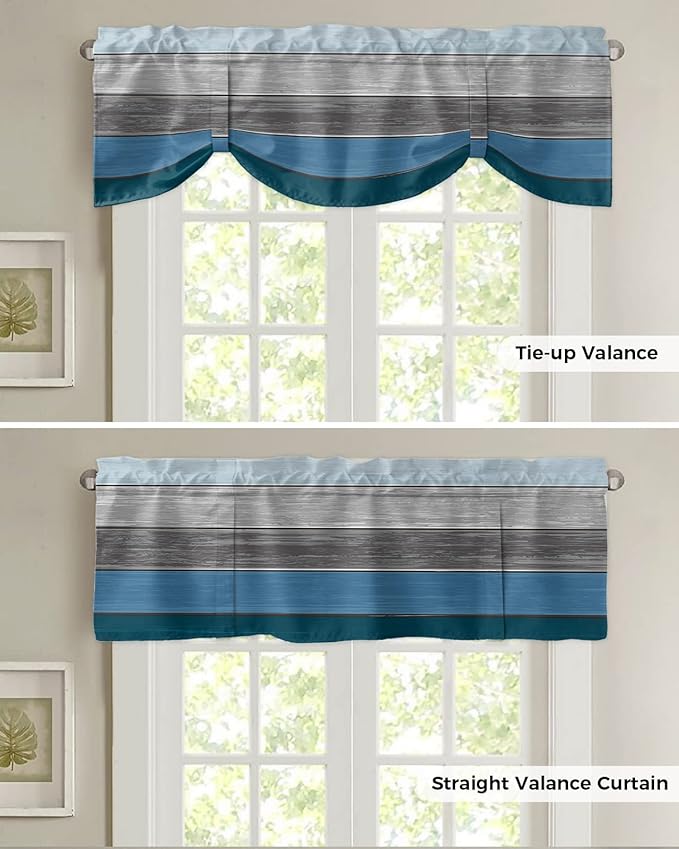 Farmhouse Blackout Tie Up Valance Curtains for Kitchen Windows,Blue Gray Ocean Hues Window Toppers Balloon Shades for Living Room/Bathroom/Bedroom,1 Panel,42" X 18" Retro Rustic Barn Wood Texture