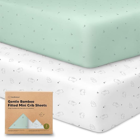 Pack and Play Sheets Fitted, 2-Pack Mini Crib Sheets - Pack N Play Sheets, Organic Fitted Crib Sheet for Pack and Play Mattress, Playard Baby Crib Sheets, Crib Sheets Neutral for Boys, Girls(Bunnies)