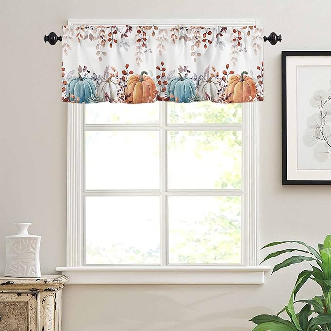 Fall Thanksgiving Kitchen Curtains and Valances Set,Watercolor Autumn Pumpkins Eucalyptus Leaves Small Window Treatments Tiers Half/Short Curtains for Cafe /Living Room/ Bedroom 54x 36 in,Blue Orange