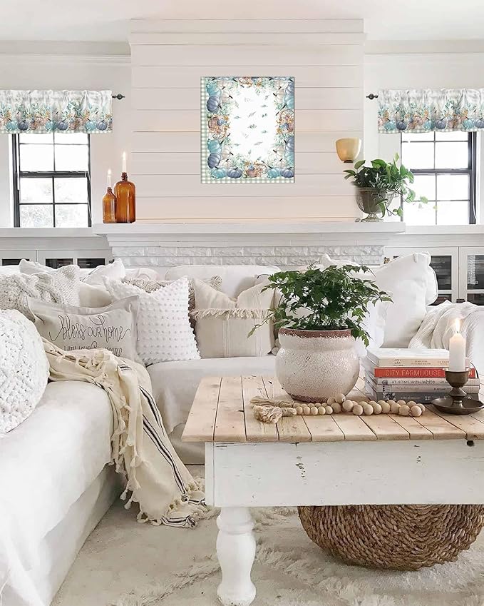 Fall Thanksgiving Kitchen Curtains Valances for Windows Navy Blue Pumpkins Green Eucalyptus Leaves Rod Pocket Window Treatment for Kitchen /Living Room/Bedroom/ Bathroom 54" X 18",Sage Farmhouse Plaid