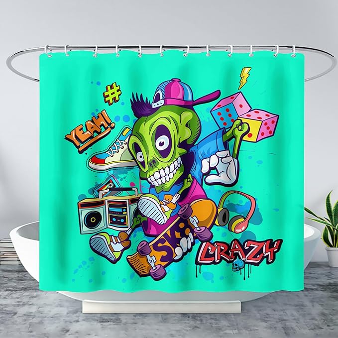 AILONEN Skate Skull Shower Curtain for Bathroom,Green Hip Hop Sport Skull Art Bathroom Curtain for Kids Girls Teen,Bath Curtain 72" W*84" H Polyester Waterproof Bathroom Curtain with 12 Hooks
